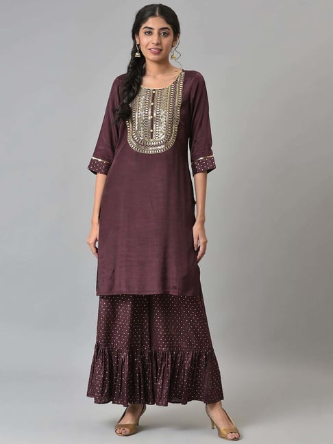 Aurelia Brown Embroidered Kurta and Sharara Set