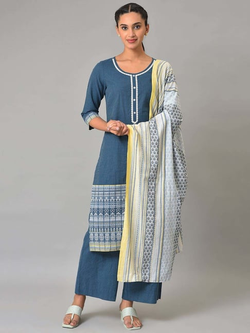 Aurelia Blue Cotton Printed Kurta and Palazzo Set With Dupatta