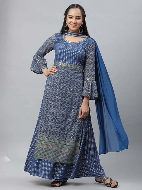 Aurelia Blue Printed Kurta and Palazzo Set With Dupatta