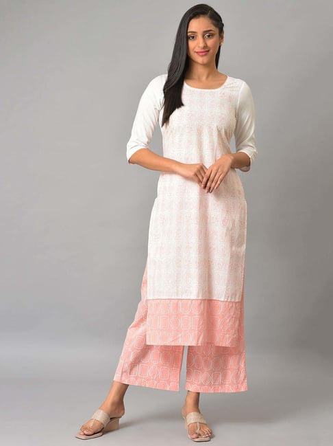 Aurelia White Cotton Printed Kurta and Palazzo Set With Dupatta