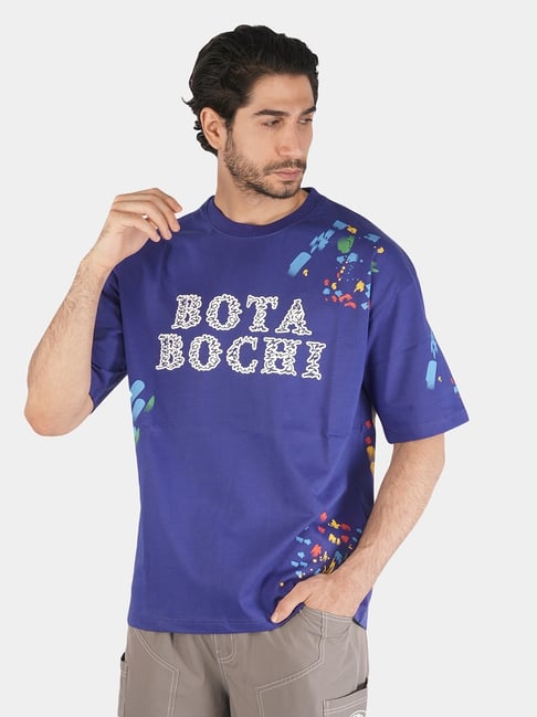 Botabochi Blue Cotton Regular fit Typography T-Shirt-picture-16