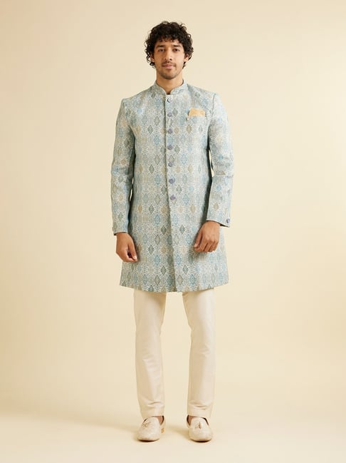 Manyavar Light Blue Blue Regular Fit Printed Sherwani Set