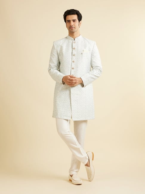Manyavar White Regular Fit Chikankari Sherwani Set