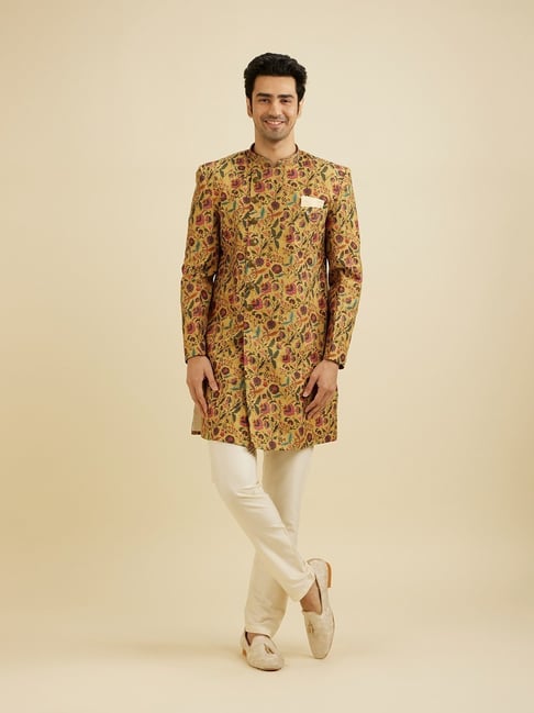 Manyavar Mustard Beige Regular Fit Floral Print Sherwani Set