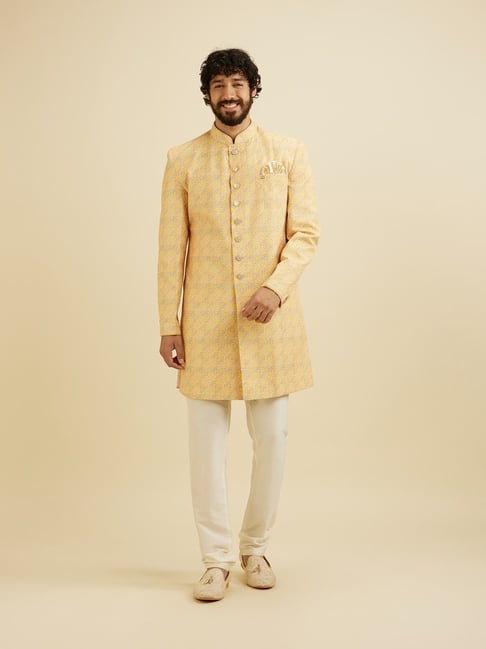 Manyavar Yellow Beige Regular Fit Printed Sherwani Set