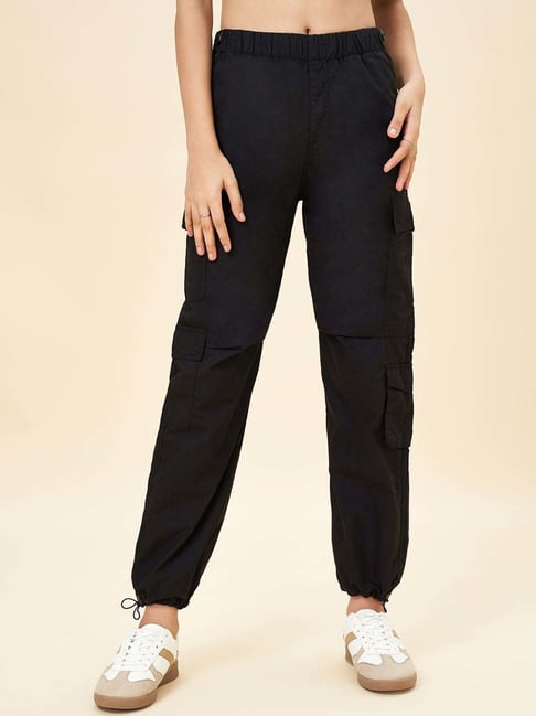 Coolsters by Pantaloons Girls Jet Black Cotton Solid Track Bottoms