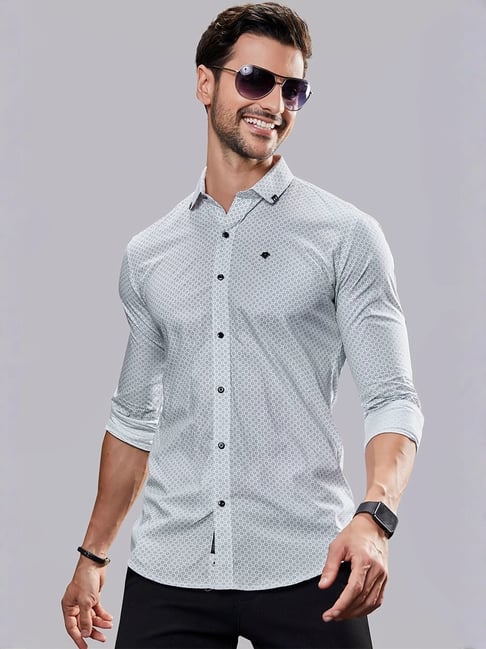 Almaty White Cotton Slim Fit Printed Shirt-picture-32