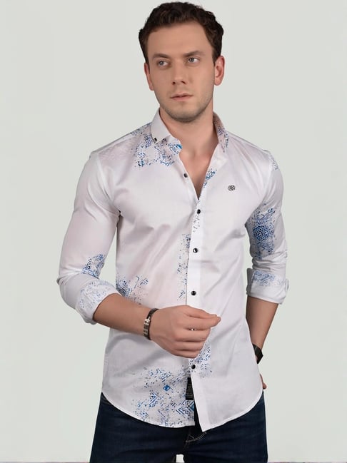 Almaty White Cotton Slim Fit Printed Shirt-picture-21