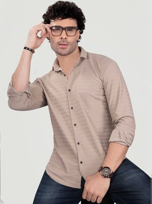 Almaty Light Brown Cotton Slim Fit Self Pattern Shirt-picture-24