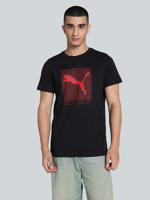 Puma Black Cotton Slim Fit Printed T-Shirt