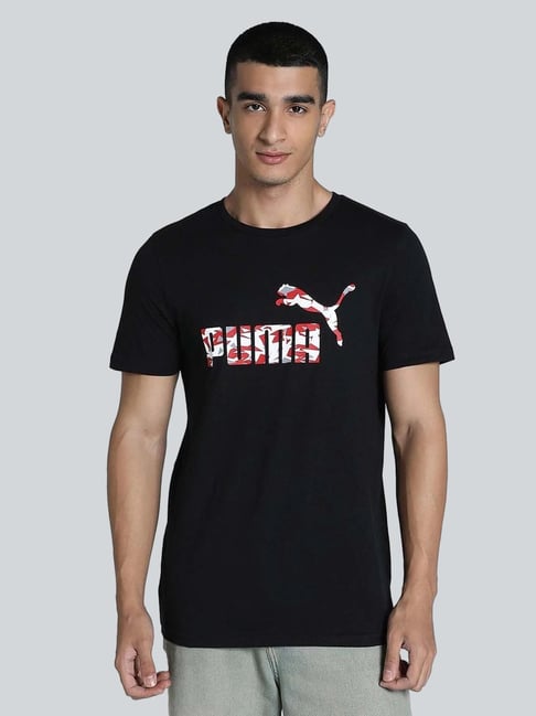 Puma Black Cotton Slim Fit Logo Printed T-Shirt