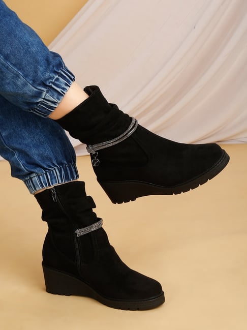 Buy Flat N Heels Women's Black Wedge Booties for Women at Best