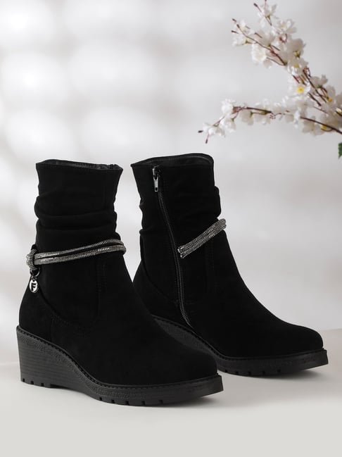 Buy Flat N Heels Women's Black Wedge Booties for Women at Best