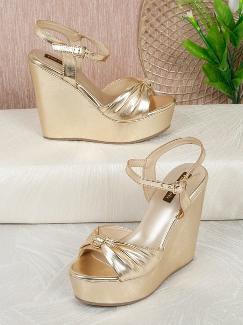Flat N Heels Women's Gold Ankle Strap Wedges