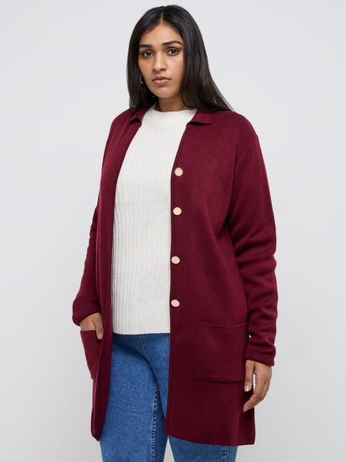 Gia by Westside Maroon Knitted Long Cardigan