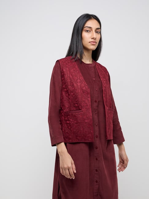Utsa by Westside Maroon Embroidered Cotton Jacket