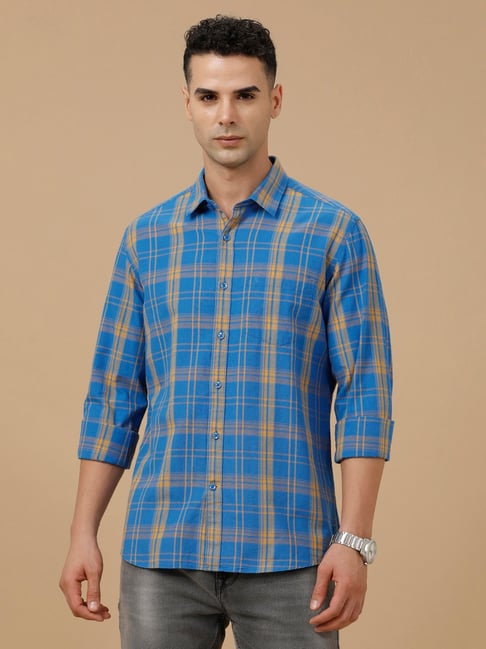 CAVALLO by Linen Club Blue Linen Blend Slim fit Checks casual shirts-picture-45