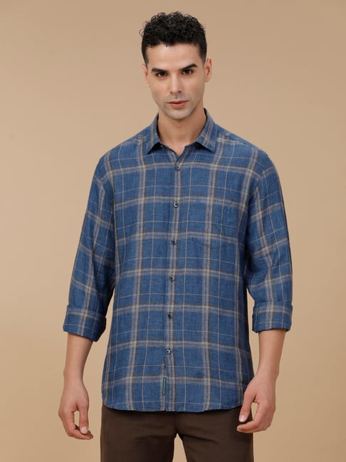 Linen Club Blue Linen Slim fit Checks casual shirts-picture-36