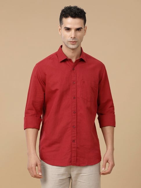 Linen Club Red Linen Blend Slim fit casual shirts