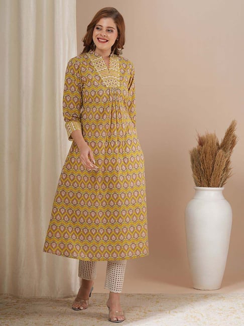 Fashor Yellow Cotton Printed A-Line Kurta-picture-39