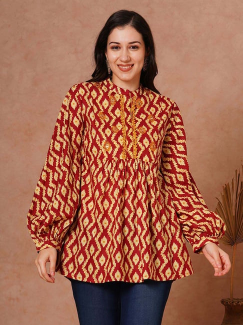 Fashor Maroon & Yellow Cotton Printed A-Line Kurti-picture-33