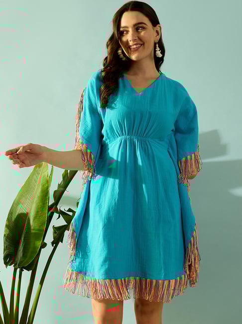 The Kaftan Company Blue Cotton Regular Fit Solid Casual Dress