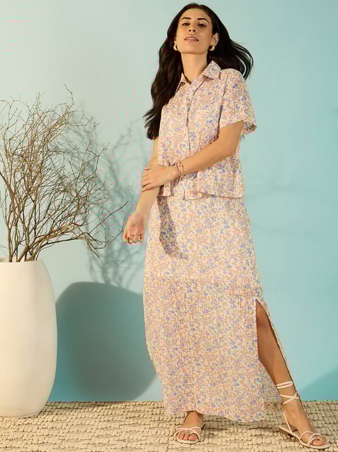 The Kaftan Company White Cotton Regular Fit Floral Casual Dress