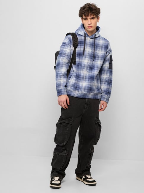 The Souled Store Blue Polyester Loose Fit Checks Hoodies-picture-16