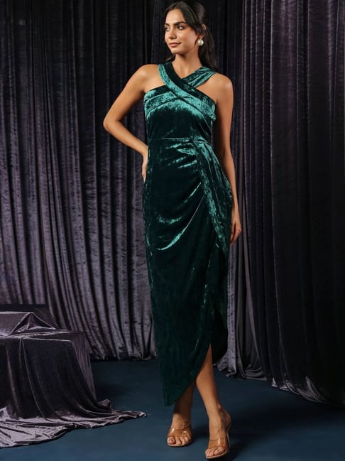 BInfinite Emerald Velvet Asymmetric High Slit Dress-picture-38