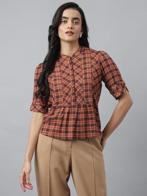 Latin Quarters Brown Rayon/Viscose Regular fit Checks Top