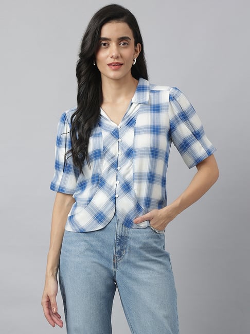Latin Quarters Blue Rayon/Viscose Regular fit Checks Top