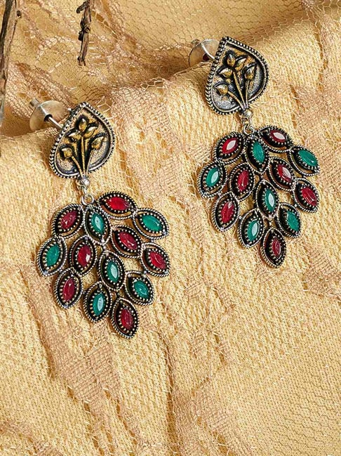 Panash Silver Plated & Red Oxidized Leaf Shaped Drop Earrings-picture-35