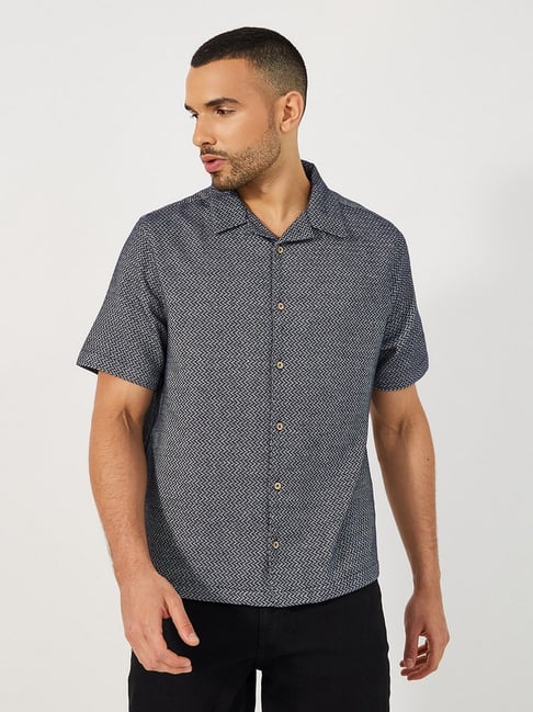 Styli Black Cotton Relaxed Fit Self Shirt-picture-31