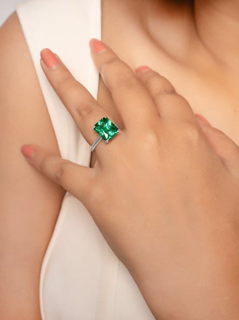 Silberry 925 Sterling Silver Green Crystal Radiant Ring