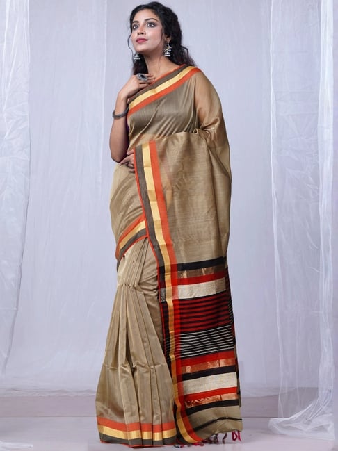 Unnati Silks Ivory Cotton Silk Maheshwari Saree with Unstitched Blouse-picture-20