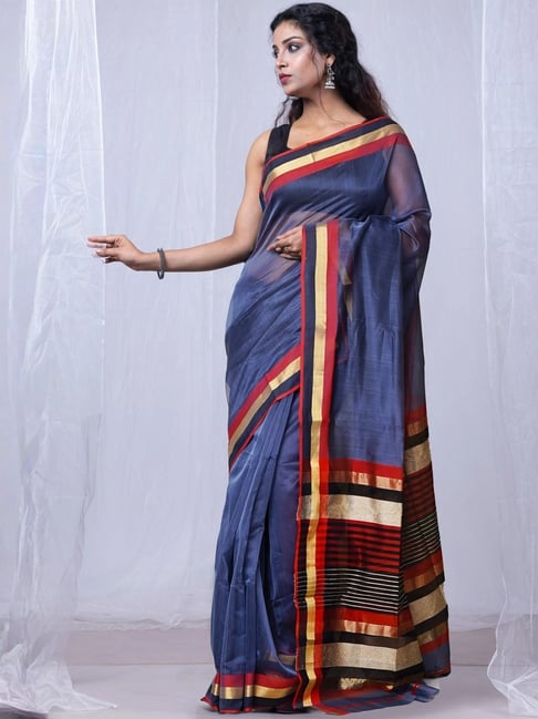 Unnati Silks Bluish Grey Cotton Silk Maheshwari Saree with Unstitched Blouse-picture-14