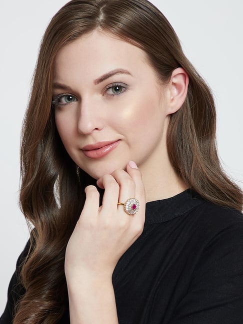 Panash Gold Plated Pink & White CZ Stone Studded Finger Ring