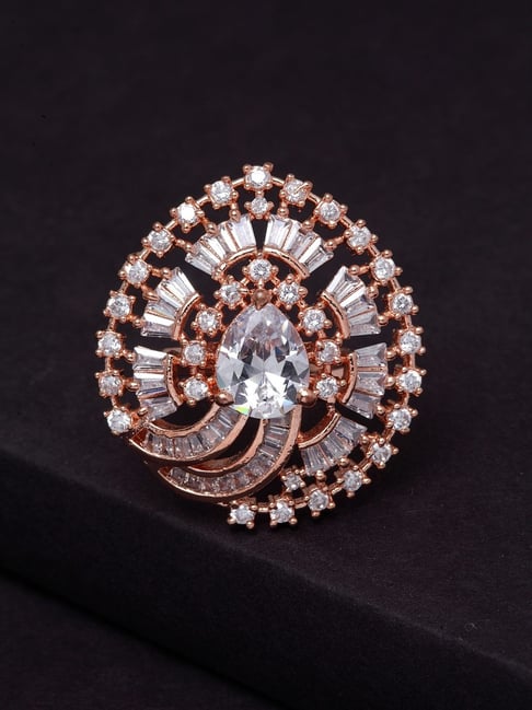 Panash Rose Gold Plated White AD Studded Solitaire Handcrafted Adjustable Finger Ring