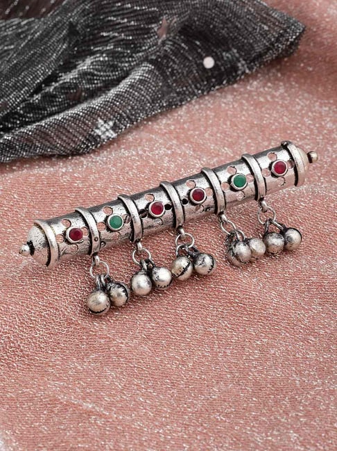 Panash Oxidized Silver Toned & Red Stone Studded Adjustable Finger Ring