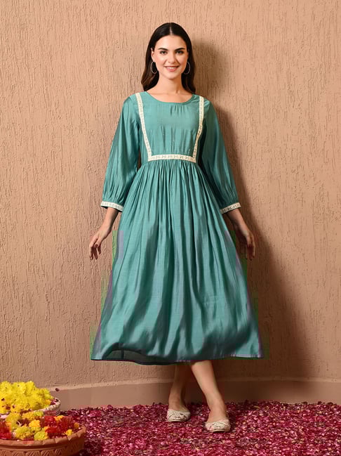 Deckedup Teal Cotton Silk Regular Fit Dress