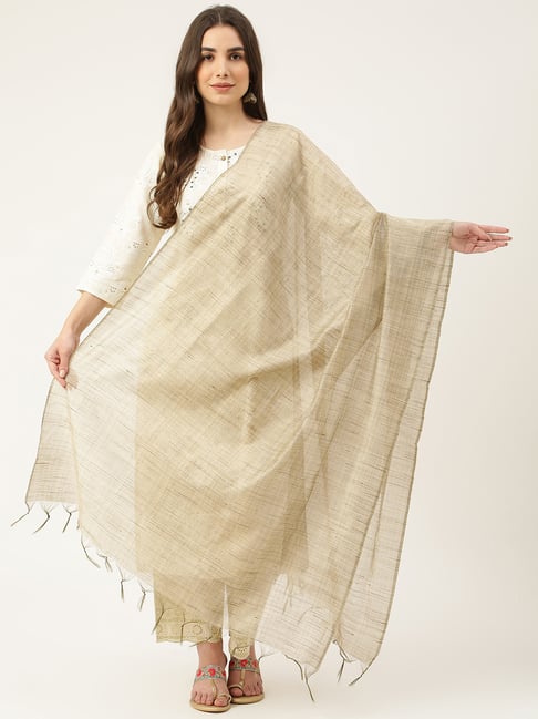 Deckedup Beige Cotton Blended Embellished Duppatta