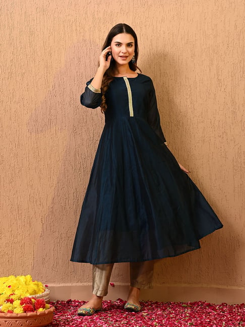 Deckedup Blue Chanderi Relaxed Fit Suit Set