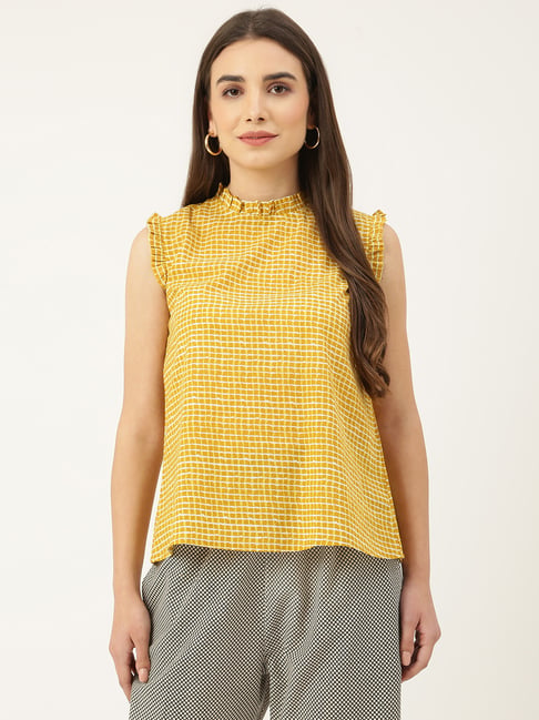 Deckedup Mustard Cotton Regular Fit Checks Tops