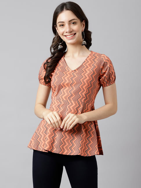 Deckedup Peach Cotton Regular Fit Chevron Tops