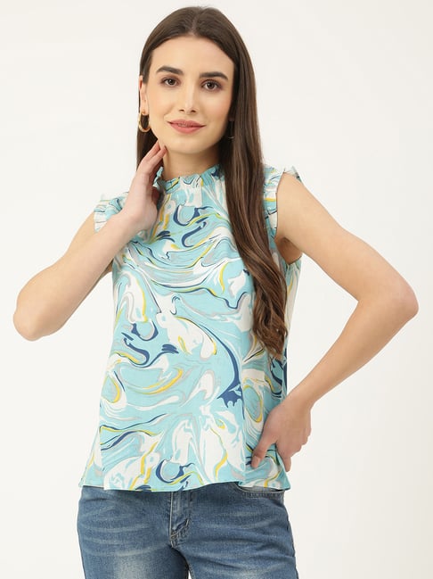 Deckedup Sky Blue Cotton Regular Fit Printed Tops