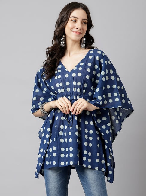 Deckedup Blue Cotton Regular Fit Polka Dot Tops