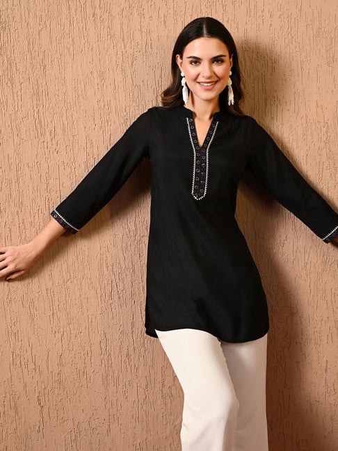 Deckedup Black Cotton Silk Relaxed Fit Tunic Tops