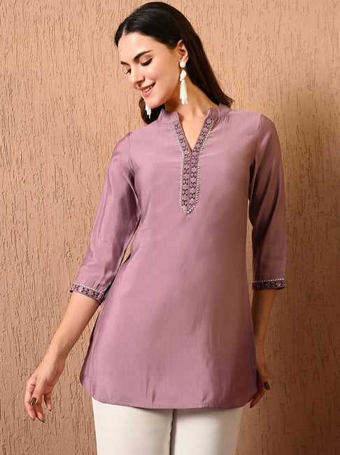 Deckedup Lavender Cotton Silk Relaxed Fit Tunic Tops