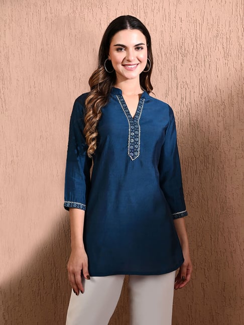 Deckedup Blue Cotton Silk Relaxed Fit Tunic Tops