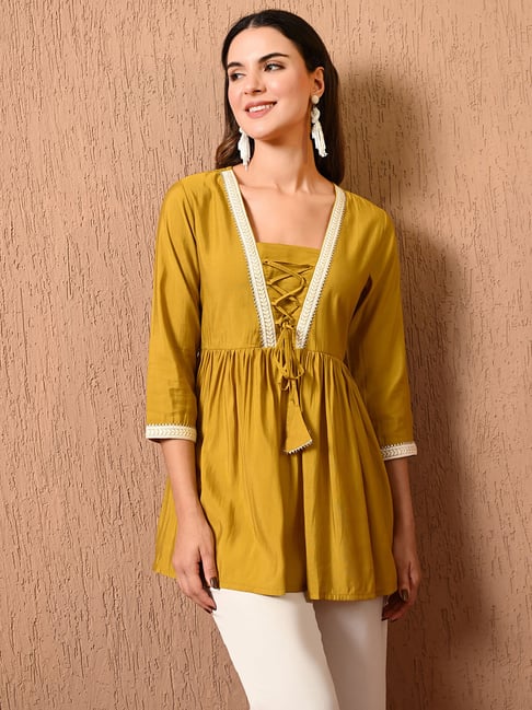 Deckedup Mustard Cotton Silk Relaxed Fit Tunic Tops